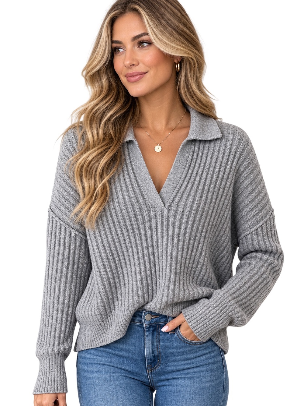 Pistola Zoe Relaxed Polo Gray Ribbed Collared V-Neck Sweater size XS